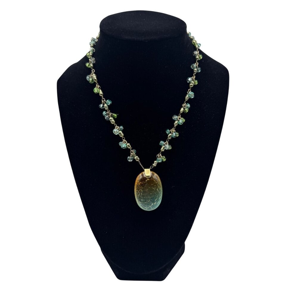 Monet Gold-Tone Chain Necklace With Green Bead Accents & Oval Glass Pendant